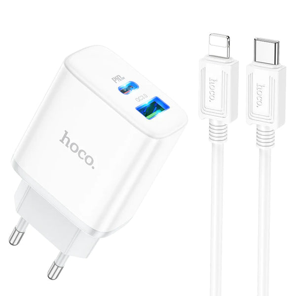 HOCO C105A Stage Dual Port USB-A Type-C PD 20W QC3.0 LED Lights EU Charger with 1m Long Type-C to IOS